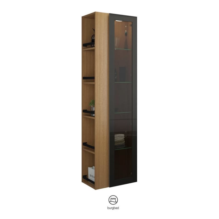 burgbad Yumo Hochschrank 50 x 32 x 176 cm mit Griff G0179 und LED-Innenbeleuchtung, Regal links