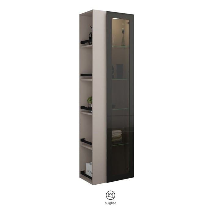 burgbad Yumo Hochschrank 50 x 32 x 176 cm mit Griff G0179 und LED-Innenbeleuchtung, Regal links