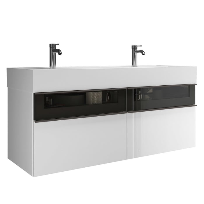 burgbad Yumo Mineralguss-Doppelwaschtisch inkl. Waschtischunterschrank 131,5 cm mit obere Alurahmenfront