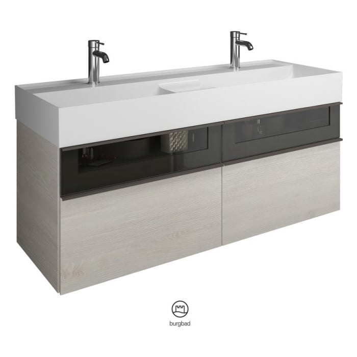 burgbad Yumo Mineralguss-Doppelwaschtisch inkl. Waschtischunterschrank 131,5 cm mit obere Alurahmenfront