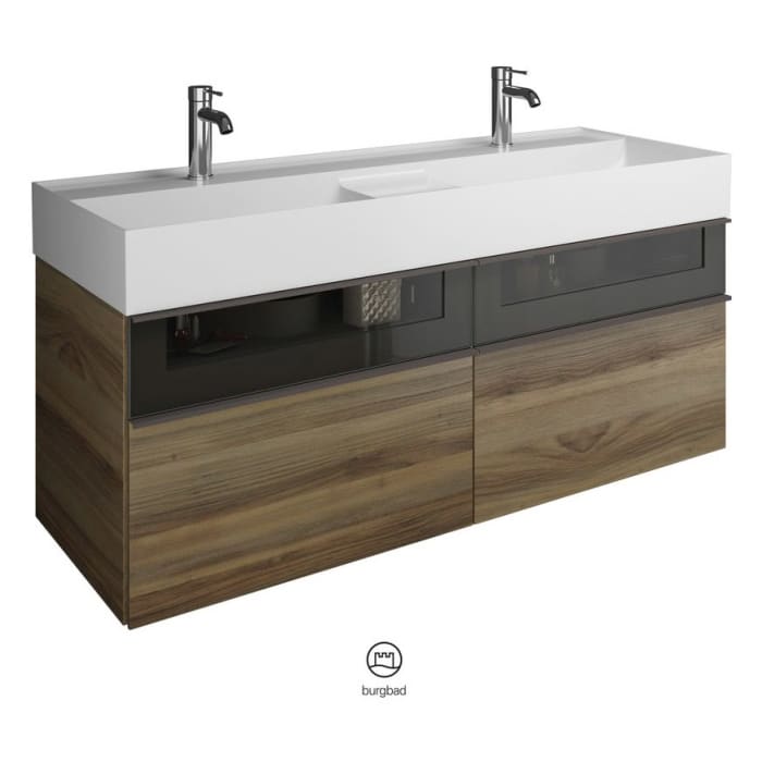 burgbad Yumo Mineralguss-Doppelwaschtisch inkl. Waschtischunterschrank 131,5 cm mit obere Alurahmenfront