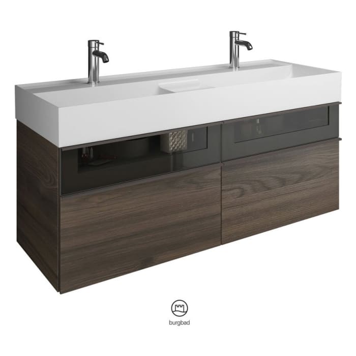 burgbad Yumo Mineralguss-Doppelwaschtisch inkl. Waschtischunterschrank 131,5 cm mit obere Alurahmenfront