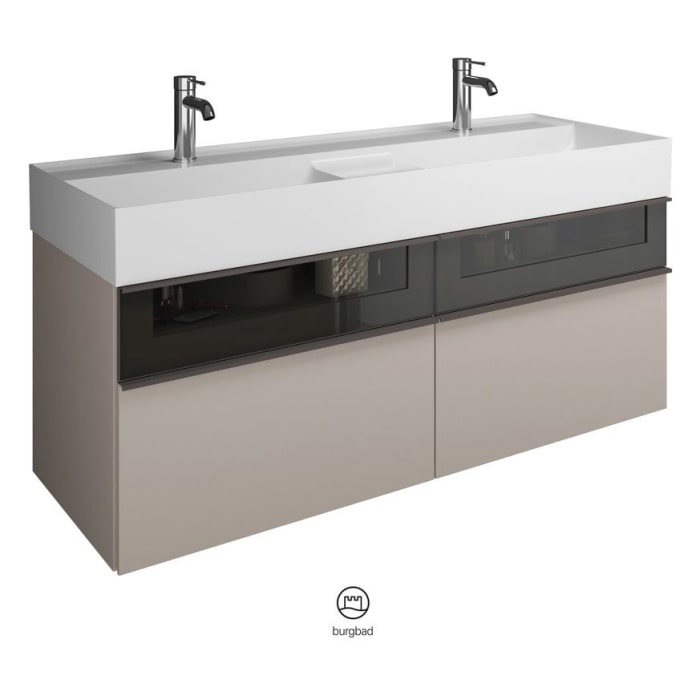 burgbad Yumo Mineralguss-Doppelwaschtisch inkl. Waschtischunterschrank 131,5 cm mit obere Alurahmenfront