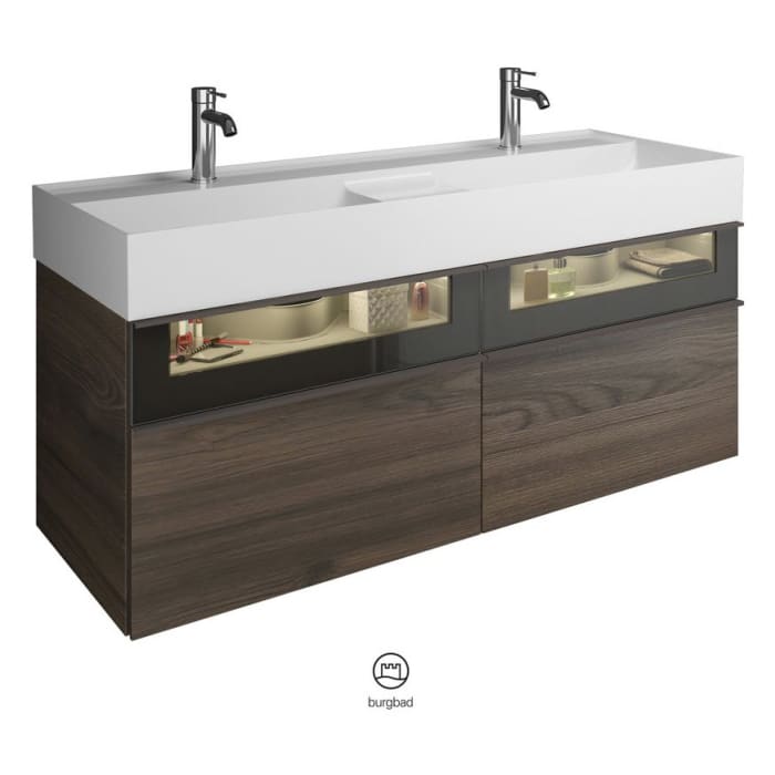 burgbad Yumo Mineralguss-Doppelwaschtisch inkl. Waschtischunterschrank 131,5 cm mit obere Alurahmenfront und LED-Beleuchtung