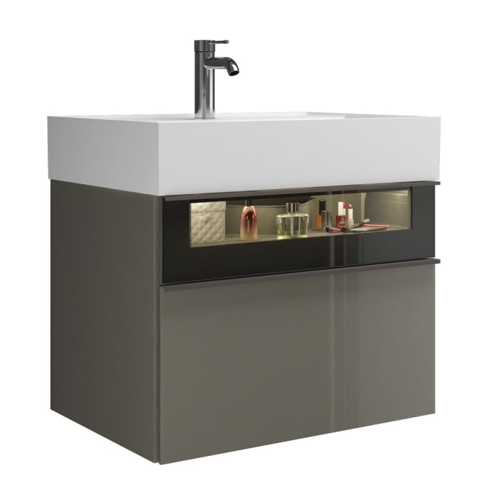 burgbad Yumo Mineralguss-Waschtisch inkl. Waschtischunterschrank 66,5 cm mit obere Alurahmenfront und LED- Beleuchtung