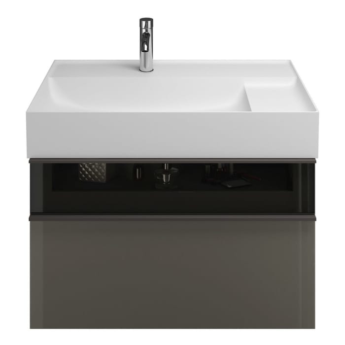 burgbad Yumo Mineralguss-Waschtisch inkl. Waschtischunterschrank 81,5 cm mit obere Alurahmenfront