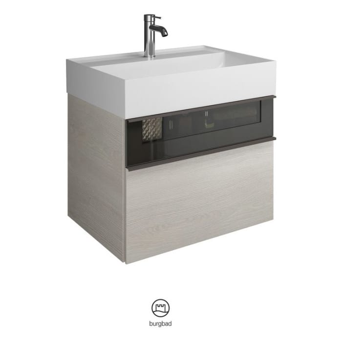 burgbad Yumo Mineralguss-Waschtisch inkl. Waschtischunterschrank 66,5 cm mit obere Alurahmenfront