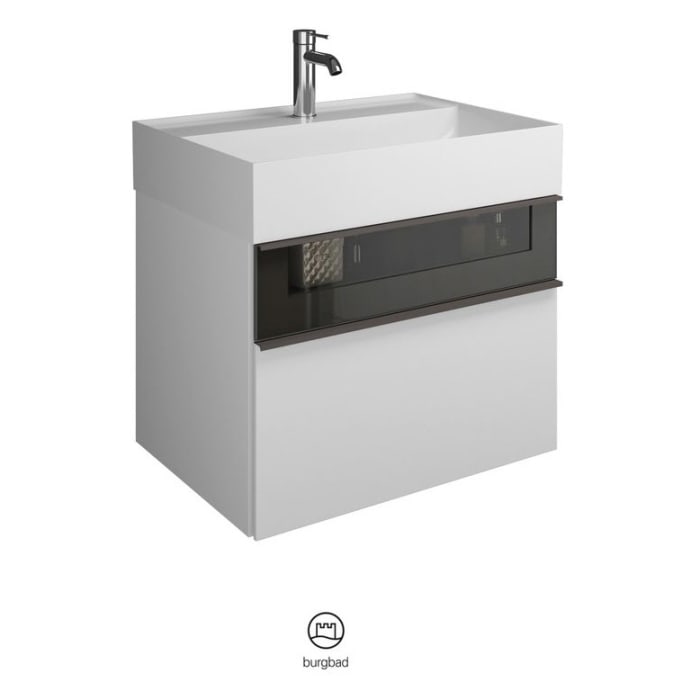 burgbad Yumo Mineralguss-Waschtisch inkl. Waschtischunterschrank 66,5 cm mit obere Alurahmenfront