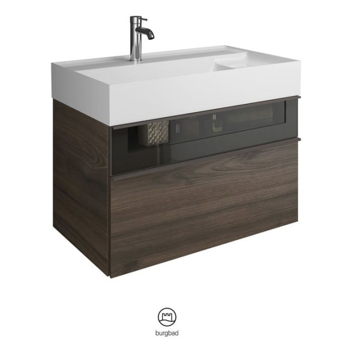 burgbad Yumo Mineralguss-Waschtisch inkl. Waschtischunterschrank 81,5 cm mit obere Alurahmenfront