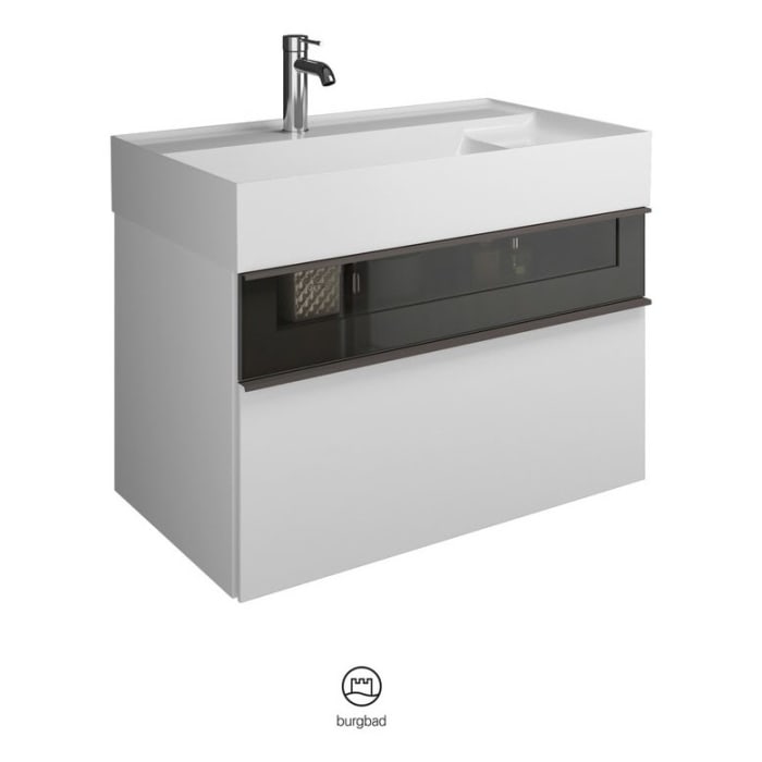 burgbad Yumo Mineralguss-Waschtisch inkl. Waschtischunterschrank 81,5 cm mit obere Alurahmenfront