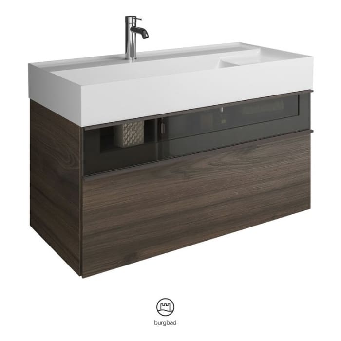 burgbad Yumo Mineralguss-Waschtisch inkl. Waschtischunterschrank 101,5 cm mit obere Alurahmenfront