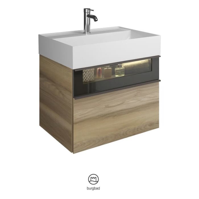 burgbad Yumo Mineralguss-Waschtisch inkl. Waschtischunterschrank 66,5 cm mit obere Alurahmenfront und LED- Beleuchtung