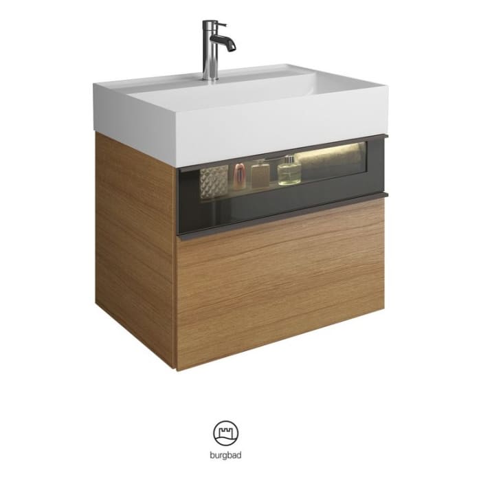 burgbad Yumo Mineralguss-Waschtisch inkl. Waschtischunterschrank 66,5 cm mit obere Alurahmenfront und LED- Beleuchtung