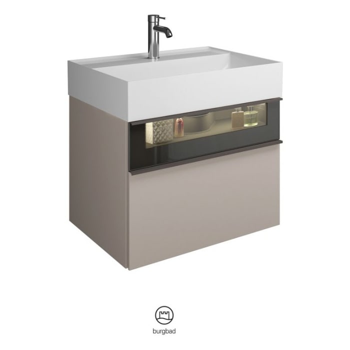 burgbad Yumo Mineralguss-Waschtisch inkl. Waschtischunterschrank 66,5 cm mit obere Alurahmenfront und LED- Beleuchtung