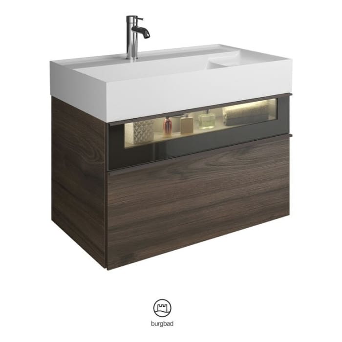 burgbad Yumo Mineralguss-Waschtisch inkl. Waschtischunterschrank 81,5 cm mit obere Alurahmenfront und LED-Beleuchtung