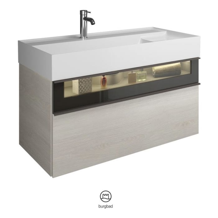 burgbad Yumo Mineralguss-Waschtisch inkl. Waschtischunterschrank 101,5 cm mit obere Alurahmenfront und LED-Beleuchtung