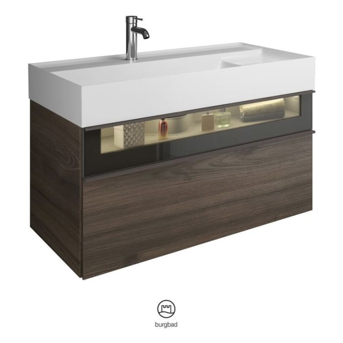 burgbad Yumo Mineralguss-Waschtisch inkl. Waschtischunterschrank 101,5 cm mit obere Alurahmenfront und LED-Beleuchtung