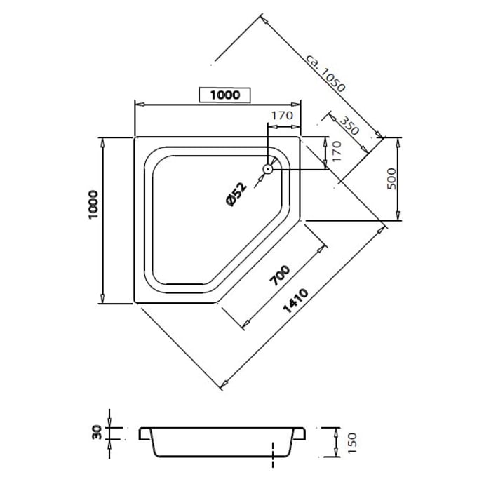 Caribia Corner 100x15 5-Eck-Duschwanne 100 x 100 x 15 cm