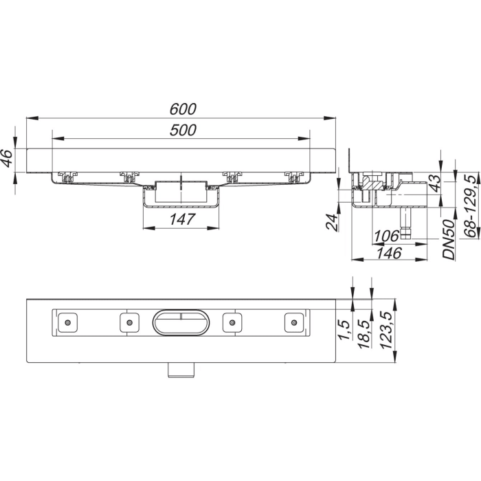 Dallmer CeraLine Nano W Duschrinne 50 cm, DN 50