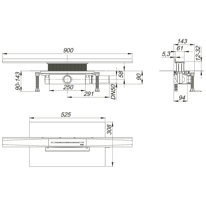 Dallmer Duschrinnen-Set CeraWall Pure, DN 50, 90 cm