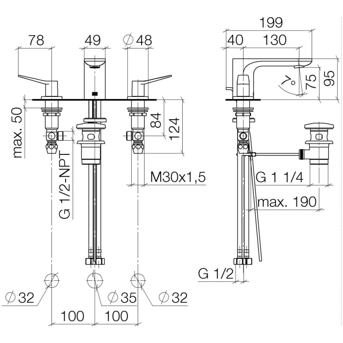 Dornbracht Lissé Waschtisch-Dreilochbatterie mit Ablaufgarnitur