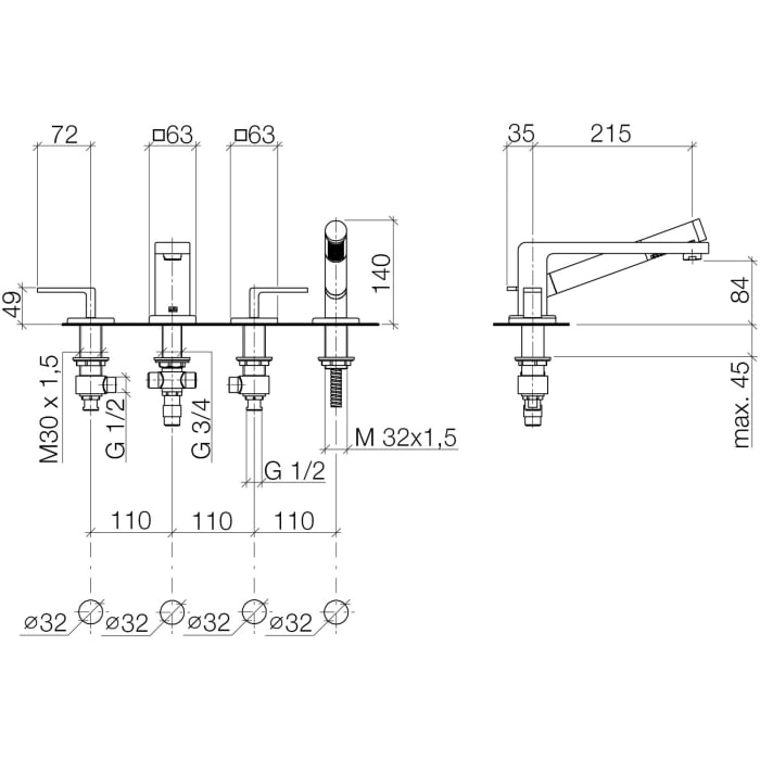 Dornbracht LULU Wannen-Vierlochbatterie für Wannenrandmontage