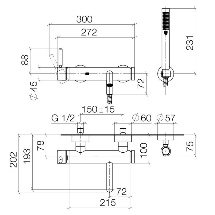 Dornbracht Meta Wannen-Einhandbatterie für Wandmontage mit Schlauchbrausegarnitur