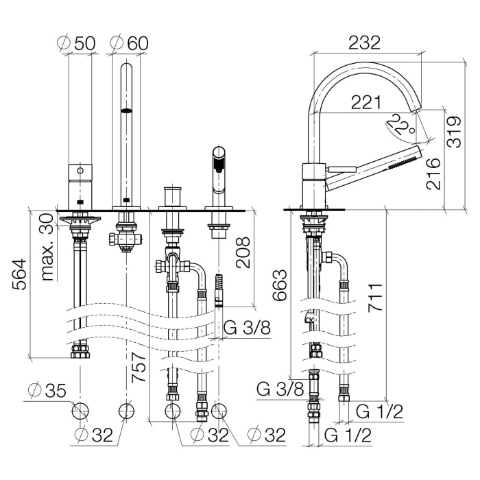 Dornbracht Meta Wannen-Vierlochbatterie für Wannenrand-/ Fließenrandmontage