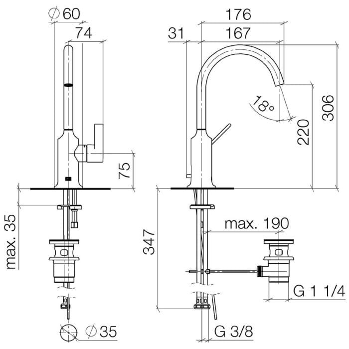 Dornbracht VAIA Waschtisch-Einhandbatterie mit Ablaufgarnitur, Ausladung 16,7 cm