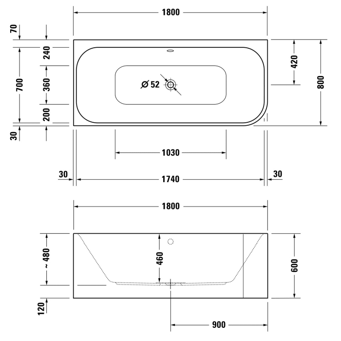 Duravit Happy D.2 Plus Badewanne 180 x 80 cm, mit angeformter Acrylverkleidung
