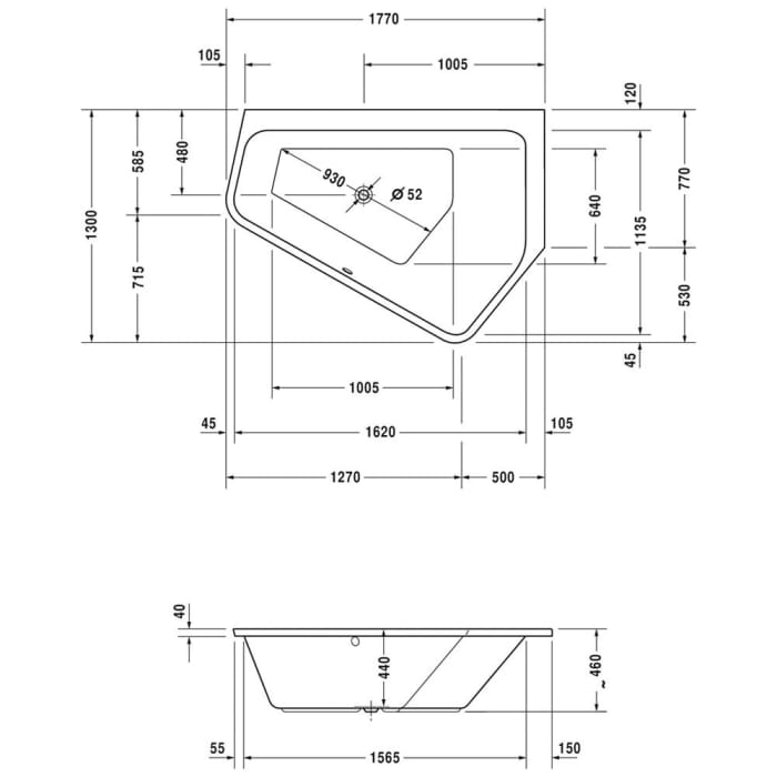 Duravit Paiova 5-Eck Badewanne rechts, Einbauversion 177 x 130 cm