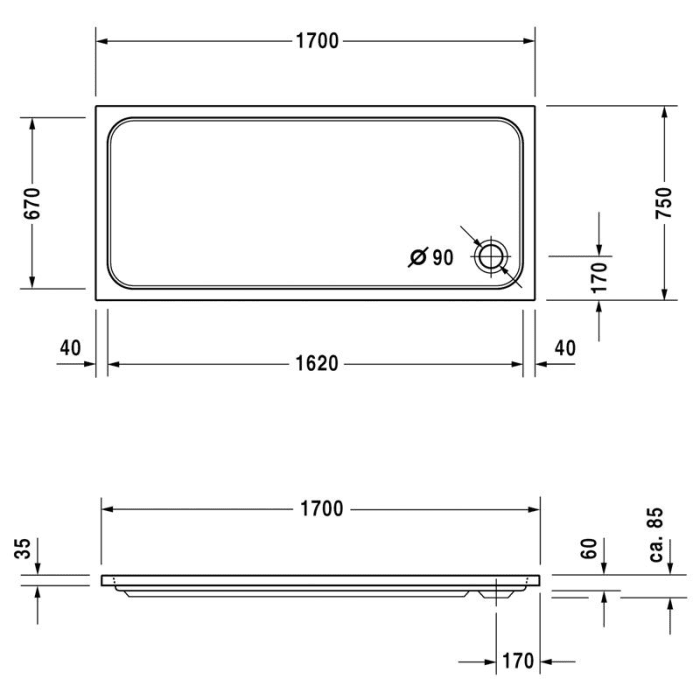 Duravit D-Code Rechteck Duschwanne 170 x 75 cm mit Antislip