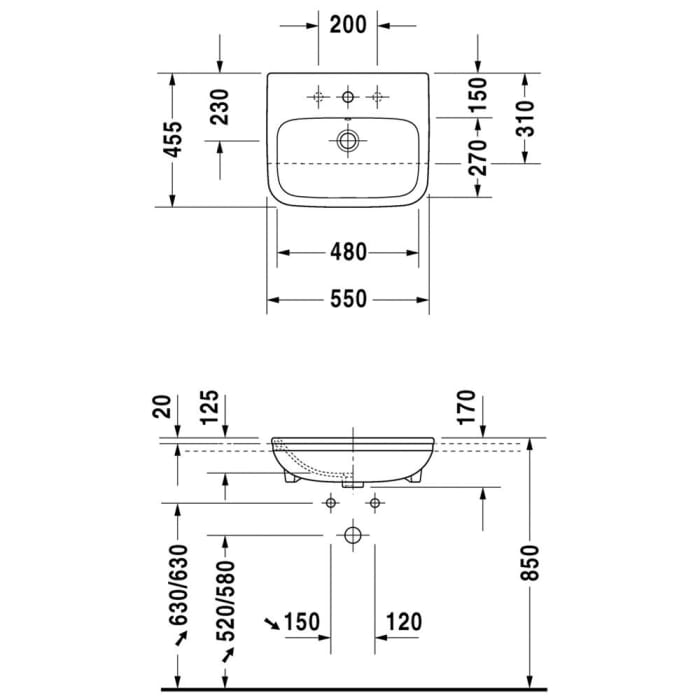 Duravit DuraStyle Halbeinbauwaschtisch 55 cm, mit 1 Hahnloch