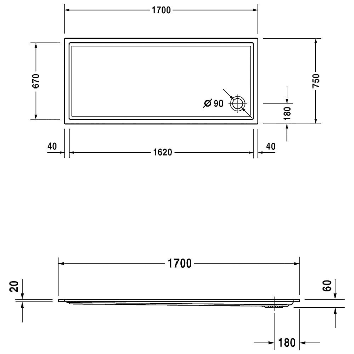 Duravit Starck Slimline Duschwanne Rechteck 170 x 75 cm mit Antislip