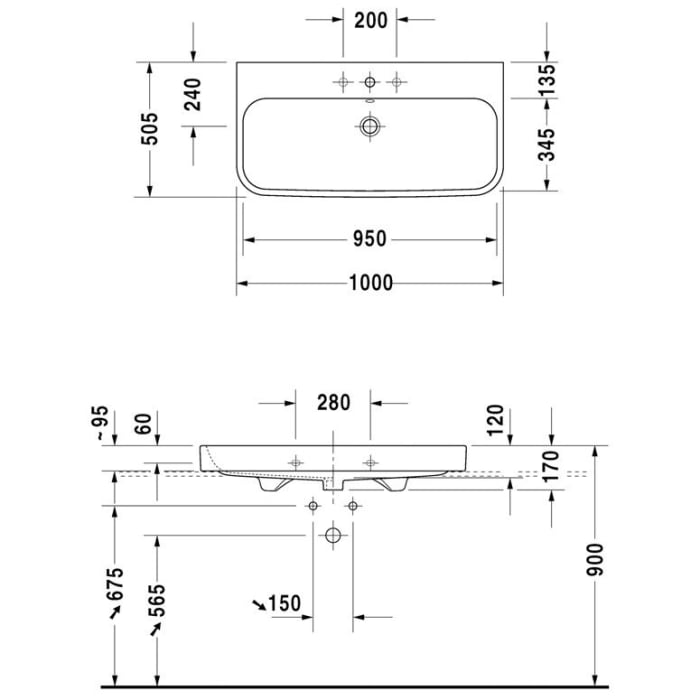 Duravit Happy D.2 Möbelwaschtisch 100 cm mit 1 Hahnloch