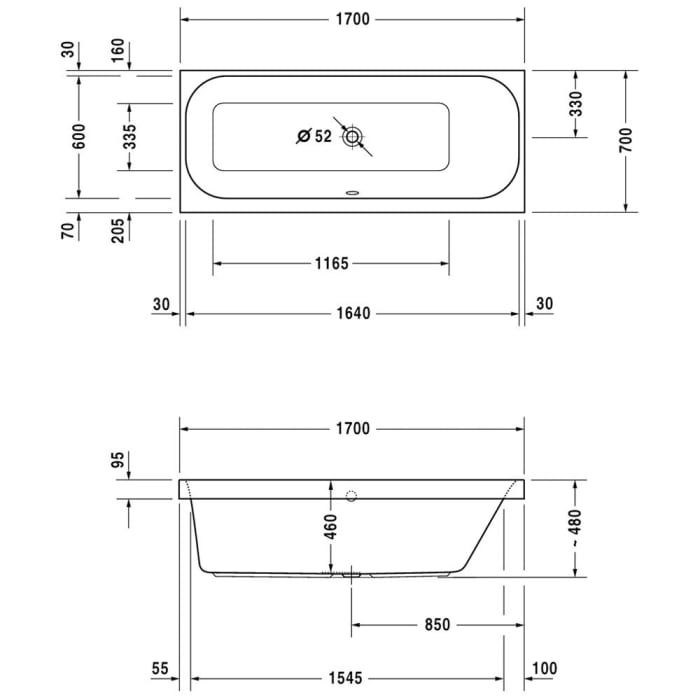 Duravit Happy D.2 Badewanne Rechteck 170 x 70 cm, Rückenschräge rechts