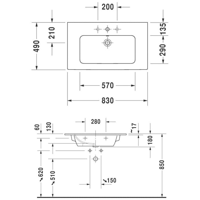Duravit ME by Starck Möbelwaschtisch 83 cm ohne Hahnloch