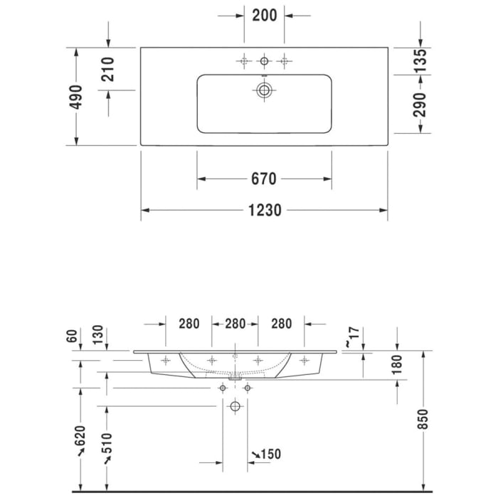 Duravit ME by Starck Möbelwaschtisch 123 cm ohne Hahnloch