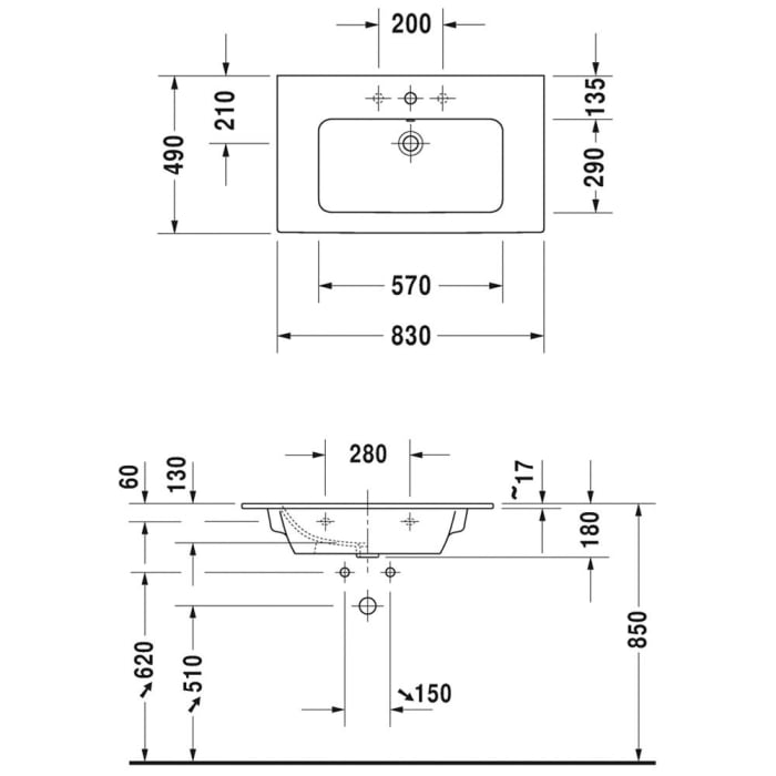 Duravit ME by Starck Möbelwaschtisch 83 cm mit 1 Hahnloch