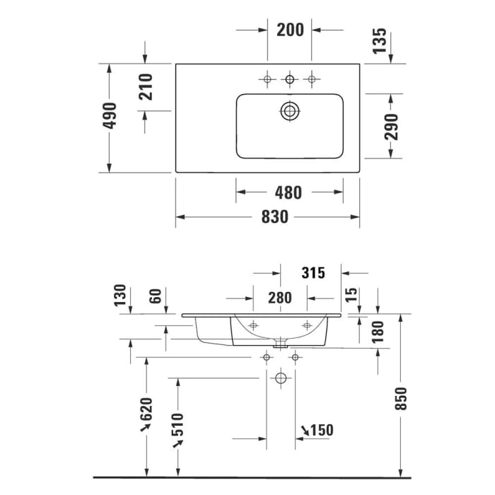 Duravit ME by Starck Möbelwaschtisch mit 1 Hahnloch 83 x 49 cm