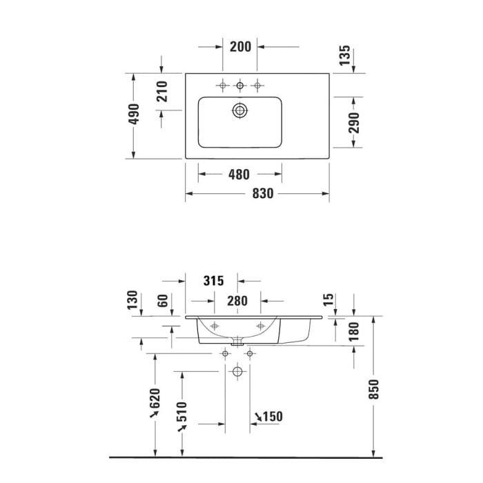 Duravit ME by Starck Möbelwaschtisch ohne Hahnloch 83 x 49 cm