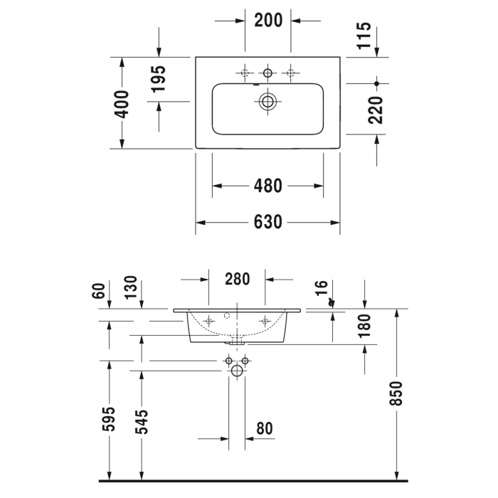 Duravit ME by Starck Möbelwaschtisch Compact mit 1 Hahnloch 63 x 40 cm