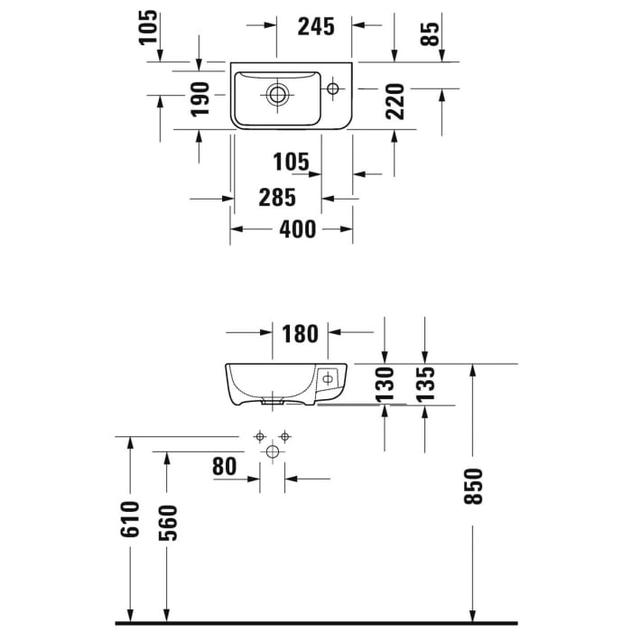 Duravit ME by Starck Handwaschbecken 40 cm, 1 Hahnloch durchgestochen rechts