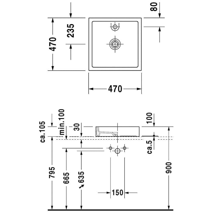 Duravit Starck 1 Aufsatzbecken 47 cm geschliffen, 1 Hahnloch im Becken durchgestochen
