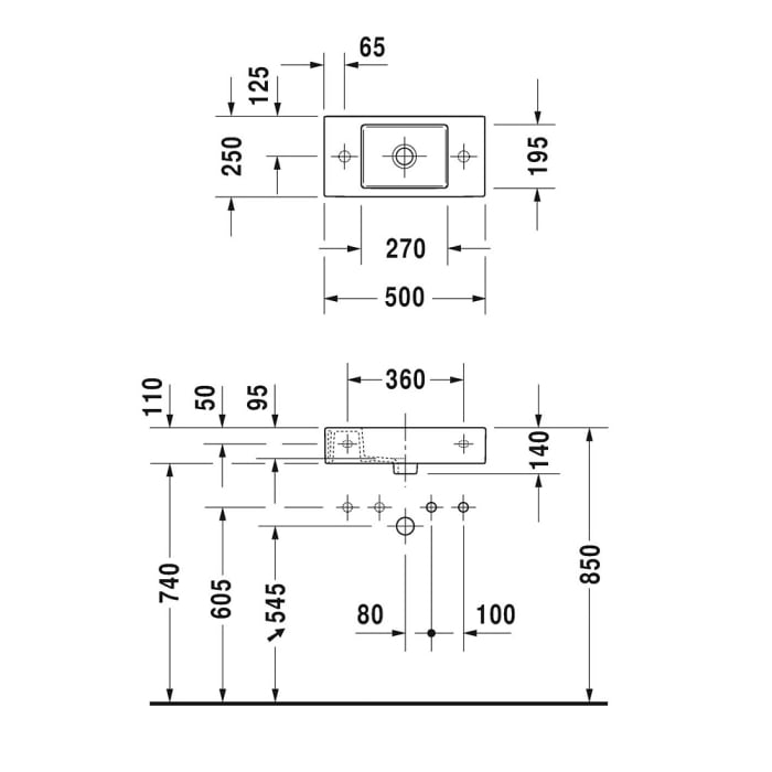 Duravit Vero Air Handwaschbecken mit 1 Hahnloch rechts 50 x 25 cm, ohne Überlauf
