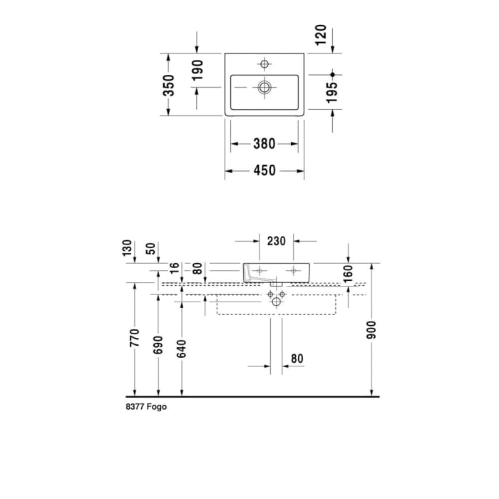 Duravit Vero Handwaschbecken 45 cm, mit 1 Hahnloch, ohne Überlauf