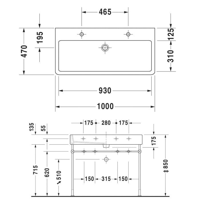 Duravit Vero Waschtisch 100 cm, mit 2 Hahnlöchern, mit Überlauf
