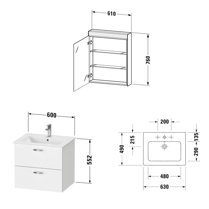 Duravit XBase MöbelSet 63 cm, mit Spiegelschrank, Anschlag rechts