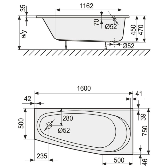 DUSCHOLUX Piccolo 164 Kleinraum Badewanne Einbau Ecke rechts