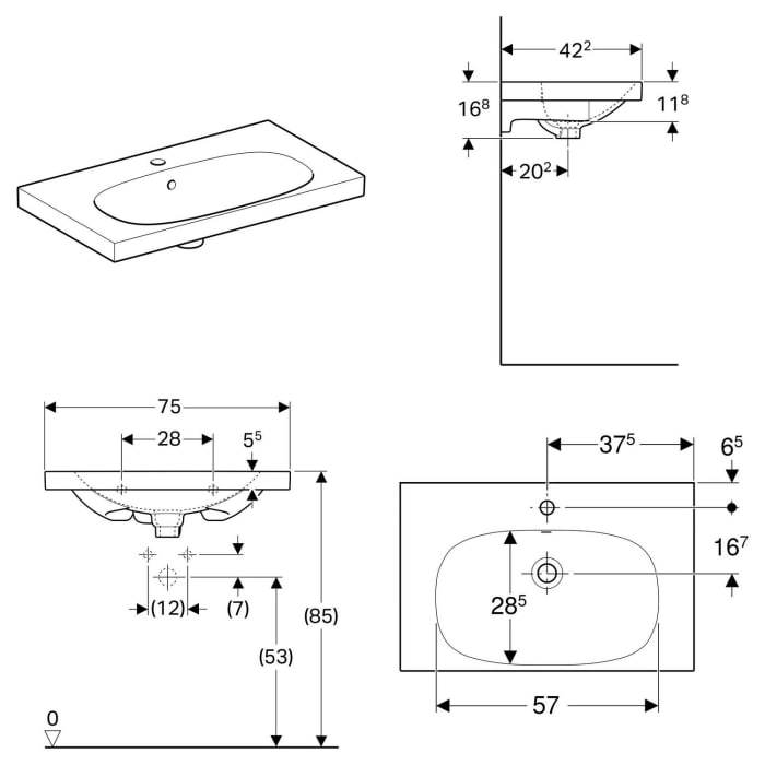 Geberit Acanto Waschtisch mit verkürzter Ausladung und Ablagefläche 75 x 42,2 cm